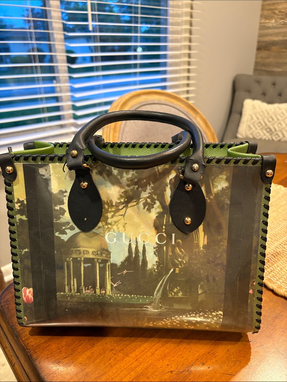 Fashion Green Multi Garden Print Leather Satchel. Upcycled - Picture 2 of 8